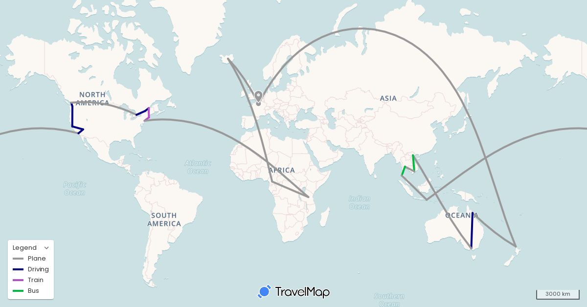 TravelMap itinerary: driving, bus, plane, train in Australia, Canada, Cameroon, France, Indonesia, Iceland, New Zealand, Thailand, Tanzania, United States, Vietnam (Africa, Asia, Europe, North America, Oceania)